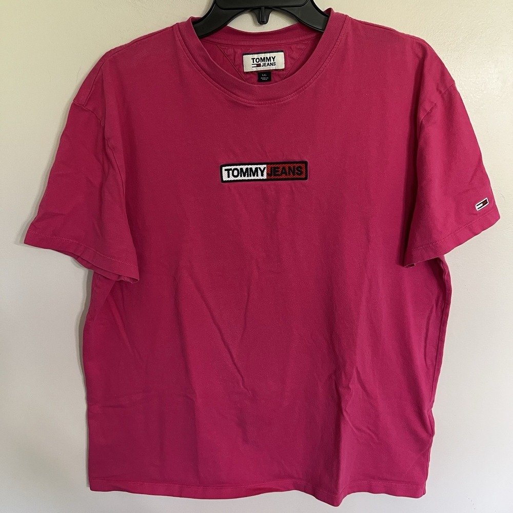 Tommy Jeans Mens Pink Embroidered‎ Box Logo Cotton T-Shirt Large